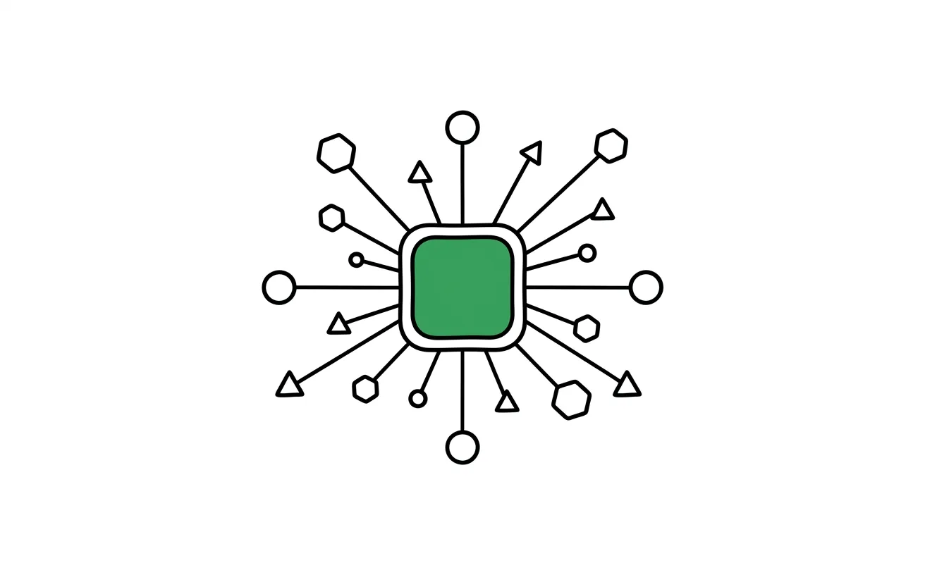 Abstract illustration of one central shape connecting to several differently sized outline shapes.