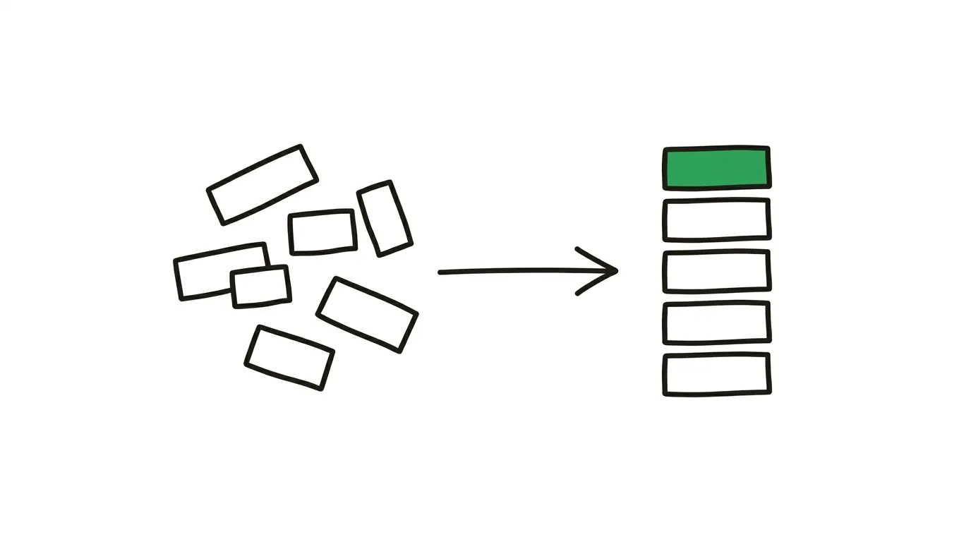 Abstract illustration of scattered shapes becoming an ordered, aligned stack.